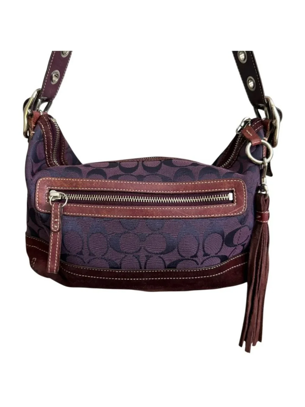 Vintage Y2K Coach 9363 Signature East West Shoulder Bag Tassel Purple Monogram‎